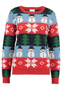 Stickad tröja med ett vintertema som har mönster av snögubbar, träd och snöflingor i blått, rött, grönt och vitt. Ribbat ok och ärmavslut.