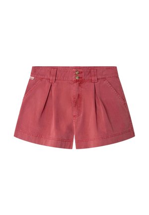 Pantalones cortos de algodón rojo con pliegues, dos bolsillos delanteros, presillas para cinturón y dos botones de madera en la cintura.