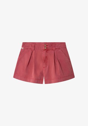 Rote Baumwollshorts mit Falten, zwei Vordertaschen, Gürtelschlaufen und zwei Holzknöpfen am Bund.