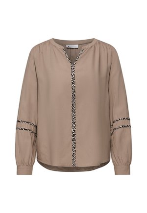 Blouse beige à manches longues avec encolure ronde, bordure à imprimé léopard le long de l'ouverture frontale et aux bandes des manches, poignets froncés.