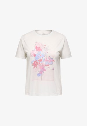 Hvit bomulls-t-skjorte med blomsterdesign i rosa og blått, med teksten "SELF LOVE CLUB" tydelig plassert i midten.