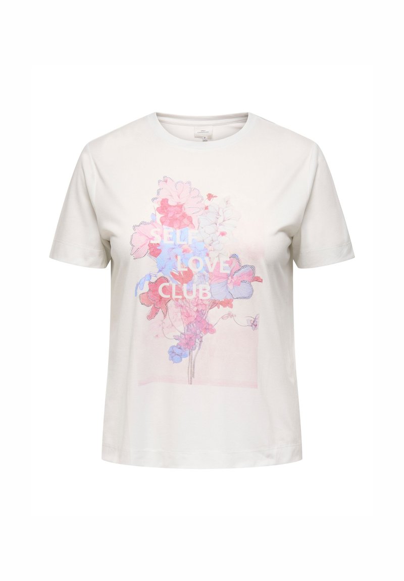 Λευκό βαμβακερό t-shirt με σχέδιο από λουλούδια σε ροζ και μπλε, με το κείμενο "SELF LOVE CLUB" να εμφανίζεται έντονα στο κέντρο.