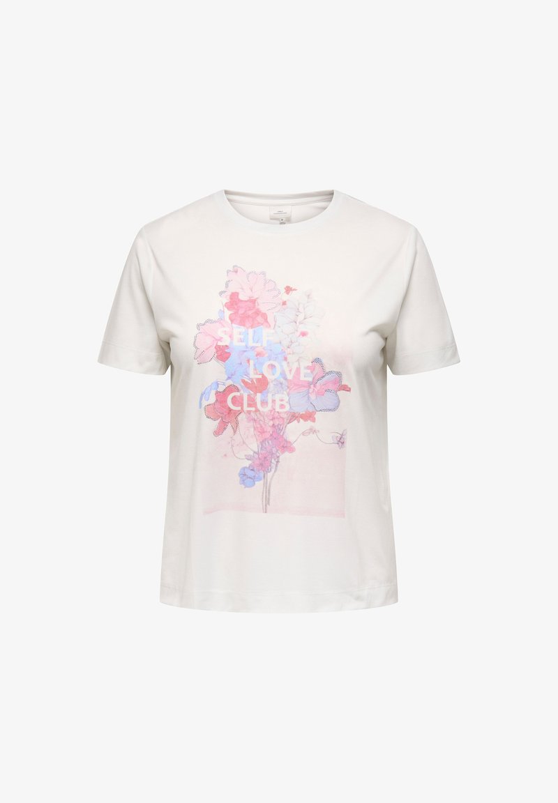 Tricou alb din bumbac cu design floral în roz și albastru, cu textul "SELF LOVE CLUB" afișat proeminent în centru.