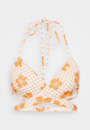 Bikiniöverdel med ett mönster som har orange blommor mot en rutad persikofärgad bakgrund. Knytning i halsen och på ryggen för en justerbar passform.