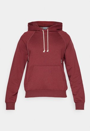 Sudadera con capucha de color burdeos, con un bolsillo frontal, cordones blancos y mangas raglán. Tejido suave con un ajuste relajado y puños acanalados.