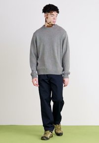Gray crew-neck sweater, navy pants, and green and black shoes. Smooth texture, relaxed fit, no visible patterns. Standing on a green surface.