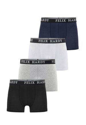 Vier herenen boxershorts in marineblauw, wit, grijs en zwart, elk met een zwarte tailleband met de tekst "Felix Hardy" in witte letters.