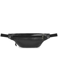 Černá kožená ledvinka s hladkým povrchem, zaobleným tvarem, zipovou kapsou a nastavitelným nylonovým popruhem. Jednoduchý a funkční design.