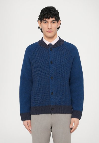 Pull bleu foncé avec un motif en maille texturée, manches raglan et col foncé. Cinq boutons noirs sur le devant.