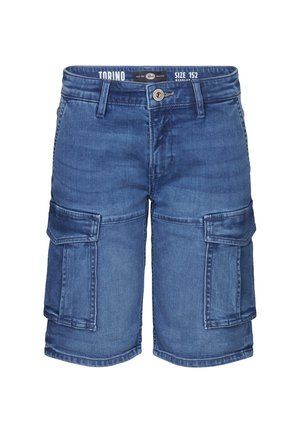 Shorts cargos en denim bleu avec deux grandes poches latérales, une fermeture à bouton et des passants de ceinture. Étiquette de taille : 152. Texture lisse, design décontracté.