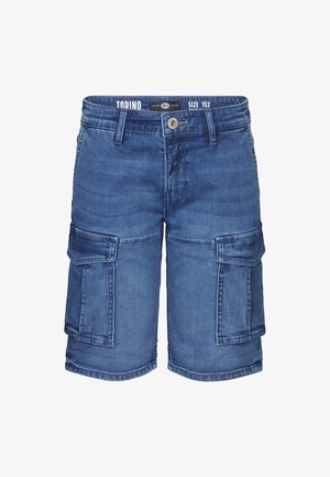 Pantaloni cargo in denim blu, con due grandi tasche laterali, chiusura a bottone e passanti per cintura. Etichetta della taglia: 152. Tessuto morbido, design casual.