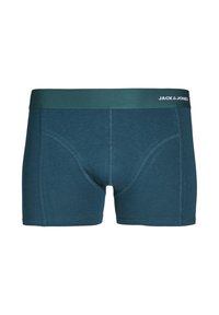 Herenboxers in donker teal stof met een gladde textuur. Bevat een brede groene elastische tailleband met het "JACK & JONES" logo in het wit.