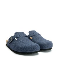 Blue felt clogs with an open back, featuring a decorative strap and metal buckle. Textured surface, black rubber sole.