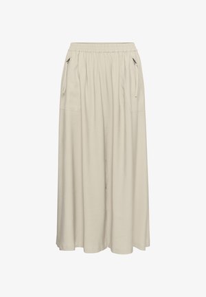 Pantalons larges beiges clairs avec une taille élastique, des détails de cordon de serrage et deux poches latérales. Fabriqués en tissu doux et lisse.