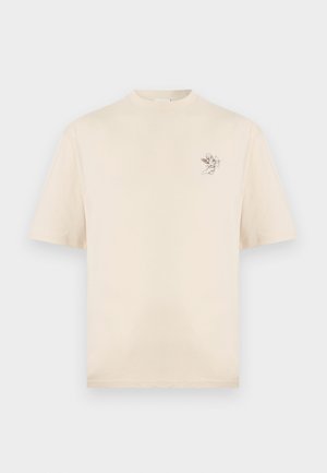 Beige short-sleeve t-shirt with small black line drawing of a winged cupid holding a bow and arrow on the left chest area.