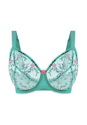 Sujeción turquesa con bordado floral en rosa y verde. Copas de malla suave, bordes festoneados y un pequeño adorno de rosa en el centro.