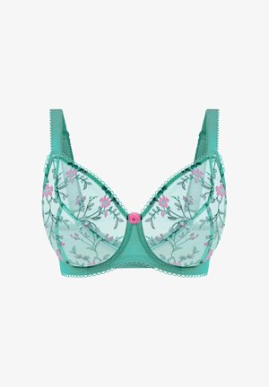 Turquoise bra with floral embroidery in pink and green. Soft mesh cups, scalloped edges, and a small rose accent at the center.