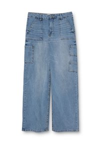 Pantalones cargo de mezclilla azul con un diseño de pierna ancha, que cuentan con dos bolsillos frontales y dos bolsillos laterales. Textura suave con un acabado desgastado.