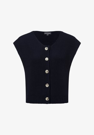 Marineblauer, kurz geschnittener Cardigan aus geripptem Strickmaterial. Er verfügt über einen tiefen V-Ausschnitt, kurze Ärmel und fünf silberne Knopfverschlüsse auf der Vorderseite.