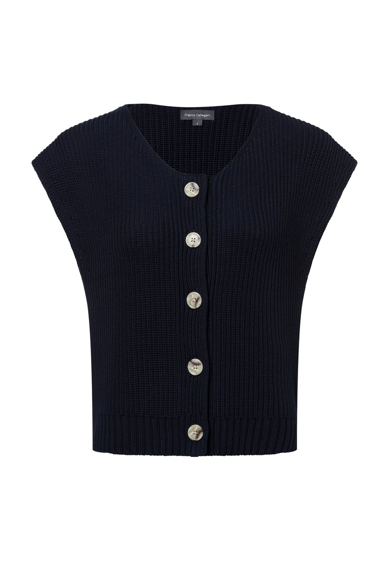 Navyblauwe cropped cardigan gemaakt van ribbelbreimateriaal. Heeft een diepe V-hals, korte mouwen en vijf zilveren knoopsluitingen aan de voorkant.