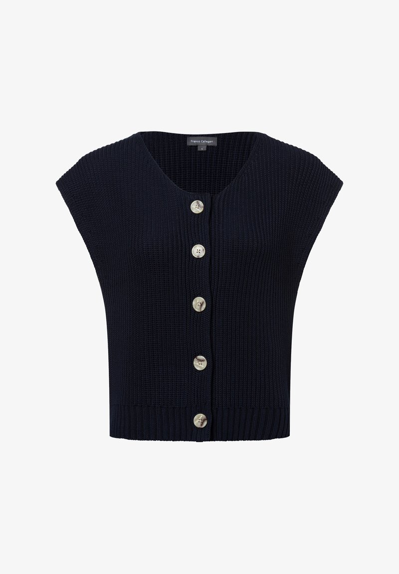 Navyblauwe cropped cardigan gemaakt van ribbelbreimateriaal. Heeft een diepe V-hals, korte mouwen en vijf zilveren knoopsluitingen aan de voorkant.