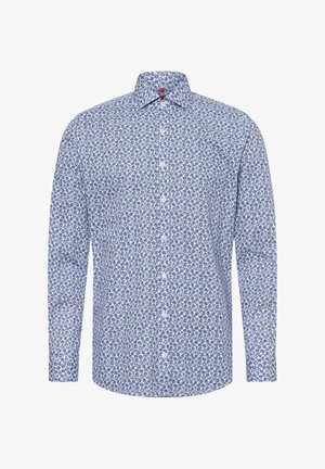 Langärmliges Shirt mit einem blau-weißen Blumenmuster, Button-Down-Kragen und geradem Saum. Hergestellt aus leichtem Stoff.