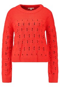 Červený pletený svetr s kulatým výstřihem, zdobený strukturovaným vzorem děr. Dlouhé rukávy a zkrácená délka. Žebrované lemy na rukávech a spodním okraji.