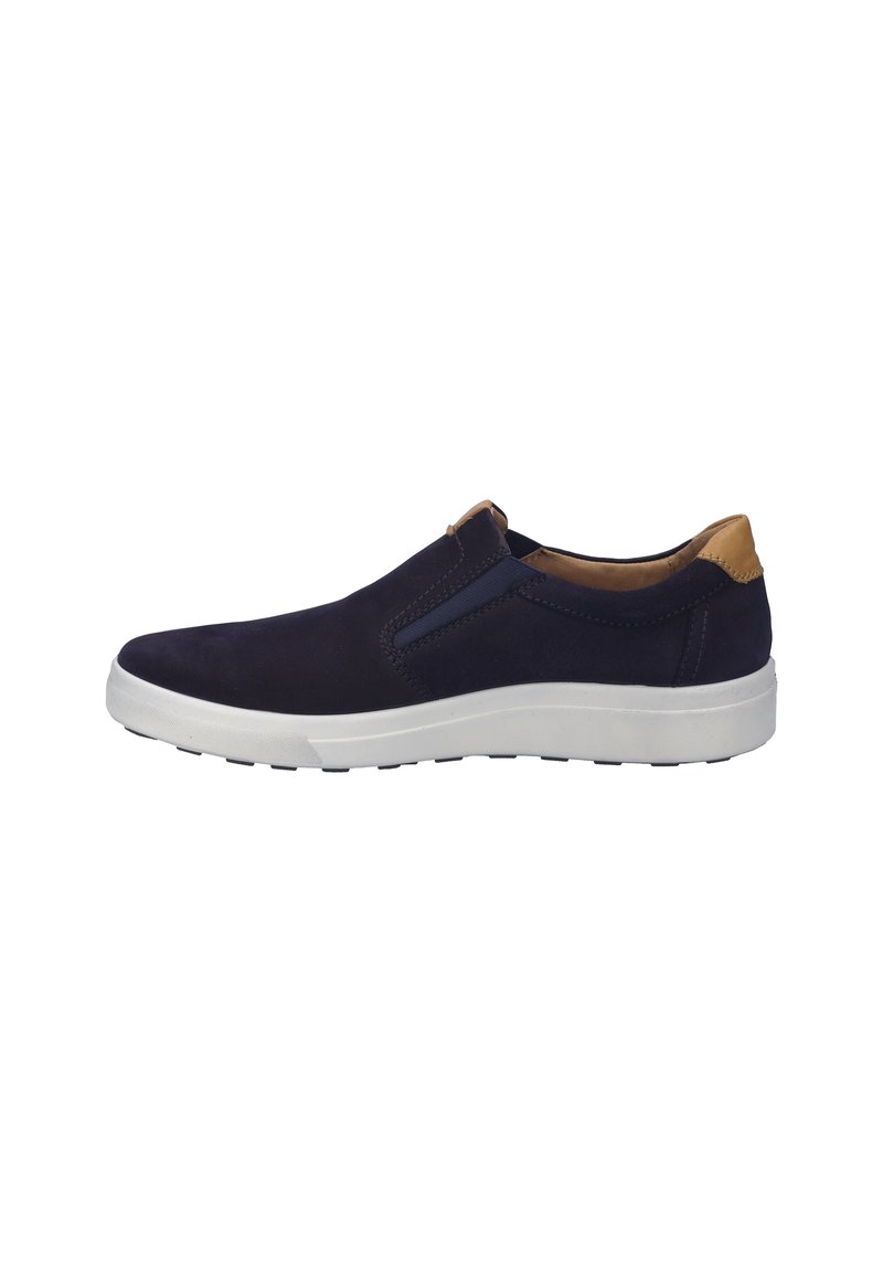 Navy suede slip-on shoe with a white rubber sole, tan leather heel accent, and elastic side panels for easy wear. Smooth texture.