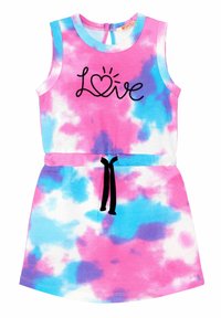 Różowa, niebieska i biała sukienka bez rękawów w stylu tie-dye z haftem "Love", wiązaniem w talii, miękkiego bawełnianego materiału i zapięciem na kluczyk z tyłu.