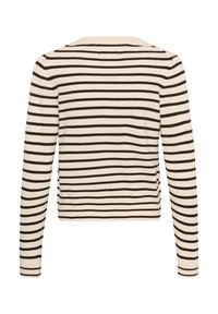 Chemise beige à manches longues avec des rayures horizontales noires, vue de dos, avec un col plat et une taille cintrée.