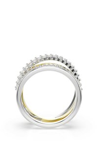 Zwei ineinandergreifende Ringe; einer aus Silber mit brillantgeschliffenen Edelsteinen, der andere aus Gold. Sie weisen gerade und gebogene Linien mit einer polierten Oberfläche auf.