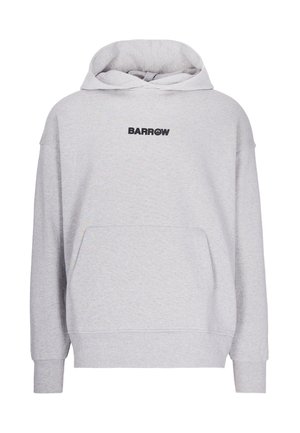 Felpa grigia chiara con cappuccio realizzata in tessuto morbido, con una tasca a marsupio frontale e un piccolo logo nero "BARROW" sul petto.