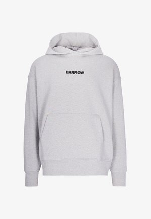 Felpa grigia chiara con cappuccio realizzata in tessuto morbido, con una tasca a marsupio frontale e un piccolo logo nero "BARROW" sul petto.