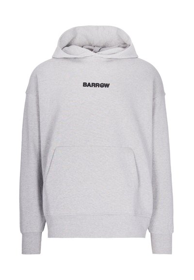 Felpa grigia chiara con cappuccio realizzata in tessuto morbido, con una tasca a marsupio frontale e un piccolo logo nero "BARROW" sul petto.