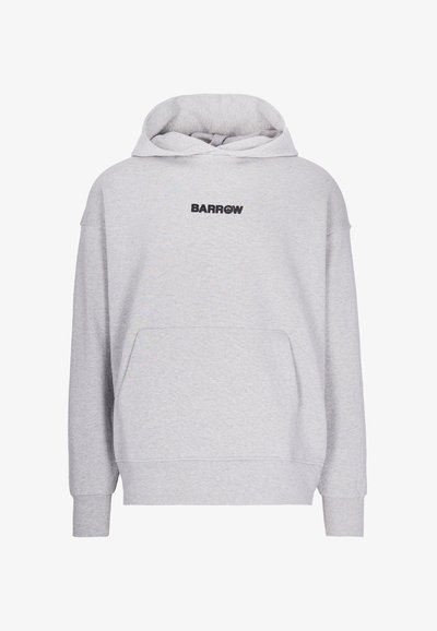 Felpa grigia chiara con cappuccio realizzata in tessuto morbido, con una tasca a marsupio frontale e un piccolo logo nero "BARROW" sul petto.