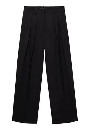 Black pleated trousers with a high waist, wide leg design, made from a smooth fabric. Features side pockets and a zip closure.
