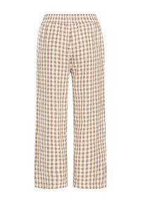 Pantaloni lejeri, bej și albi în carouri, cu talie elastică și buzunare laterale, cu lungime până la glezne.