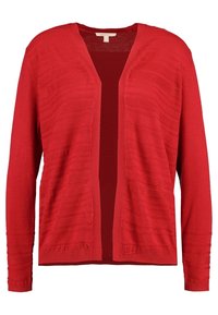 Rode gebreide cardigan met open voorkant, lange mouwen en een getextureerd horizontaal streeppatroon. Zacht materiaal met geribbelde manchetten en zoom.