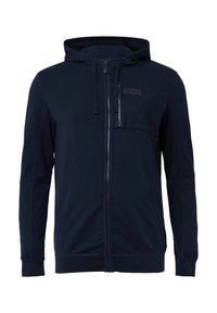 Felpa con zip di colore blu navy, dotata di tasca frontale, cappuccio con coulisse e cuciture a contrasto. Tessuto morbido con una texture liscia.