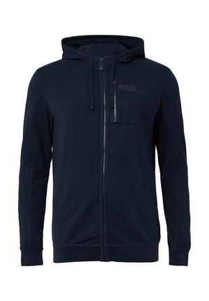 Marineblauwe ritshoodie met een voorzak, een capuchon met trekkoord en contrasterende stiksels. Zachte stof met een gladde textuur.