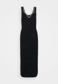 Robe en tricot noir avec un décolleté en V, présentant une bordure décorative argentée le long du décolleté. Silhouette ajustée, design longue jusqu'au sol.