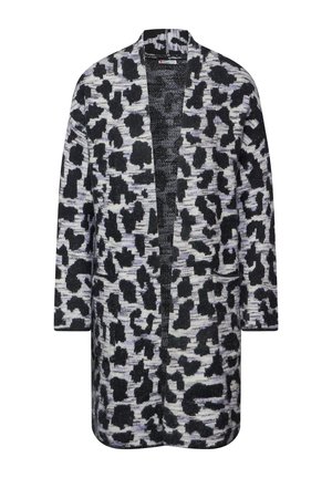 Langer, offener Cardigan mit abstraktem Schwarz- und Grauleopardenmuster, langen Ärmeln und zwei Vordertaschen.