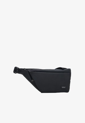 Zwarte heupriem met een strak ontwerp, gemaakt van duurzaam materiaal. Beschikt over een ritssluitingcompartiment en een verstelbare schouderband voor een veilige pasvorm.