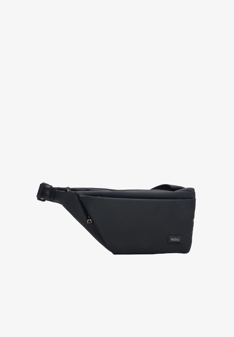 Zwarte heupriem met een strak ontwerp, gemaakt van duurzaam materiaal. Beschikt over een ritssluitingcompartiment en een verstelbare schouderband voor een veilige pasvorm.