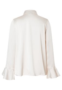 Light beige long-sleeve blouse with a soft satin texture, a subtle collar, and flared cuffs. No visible patterns or hardware details.