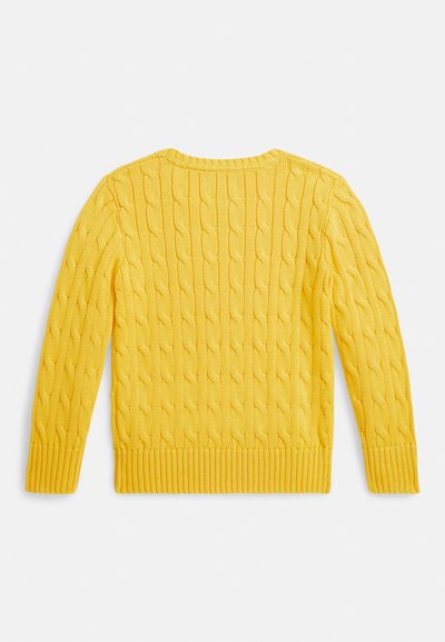 Dzeltens adīts džemperis ar ribotu apakšu un aprocēm. Mugurpusē ir redzama fakturēta tekstūra ar izceltiem kabeļveida rakstiem uz gludas virsmas.