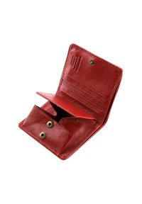 Red leather wallet with a textured finish, featuring multiple card slots, a snap closure, and a small zippered compartment.