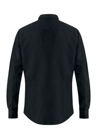 Zwarte longsleeve shirt in een eenvoudige stijl, met een klassieke kraag, knoopmanchetten en een gebogen zoom. Gladde stoftextuur.