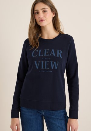 Sweatshirt bleu marine en tissu doux, avec un col rond et des manches longues. Le texte à l'avant en teintes contrastantes indique "CLEAR VIEW".
