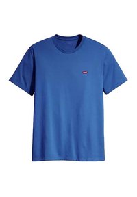 T-shirt en coton bleu avec un design classique à col rond et des manches courtes, arborant une petite étiquette de logo Levi's à l'avant, près de l'encolure.
